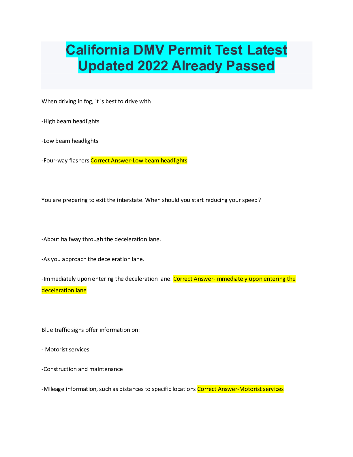 California DMV Permit Test Latest Updated 2022 Already Passed